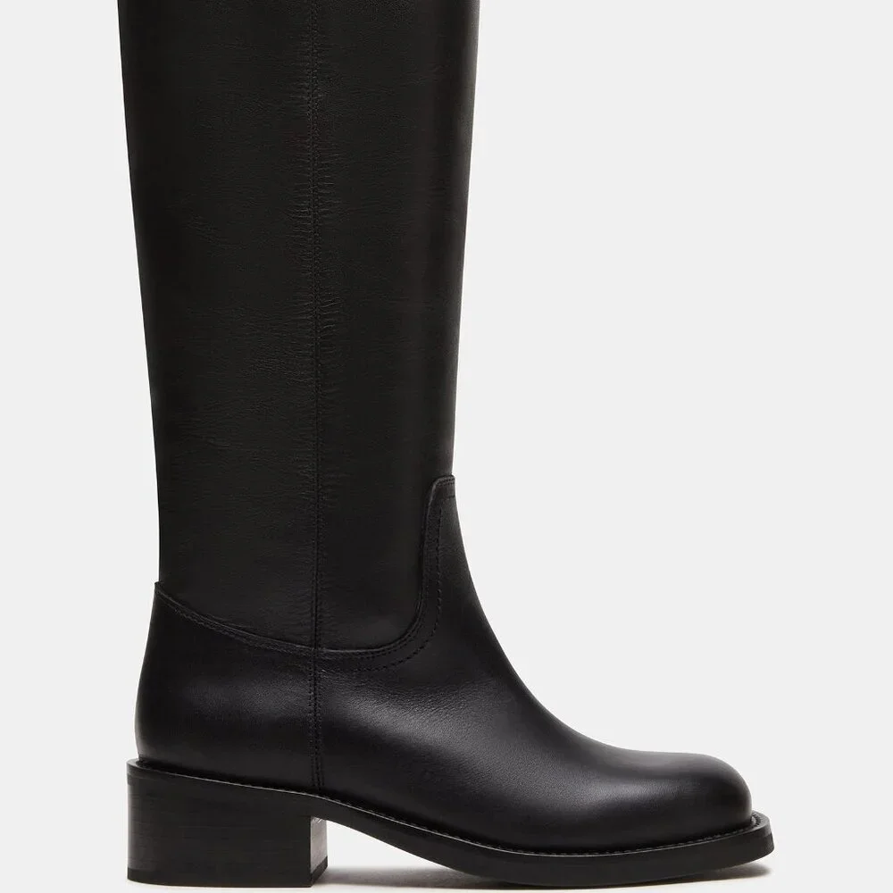 New Womens sz 10 Steve Madden RIGGS BLACK LEATHER BOOTS square shoe fashion - Picture 1 of 8